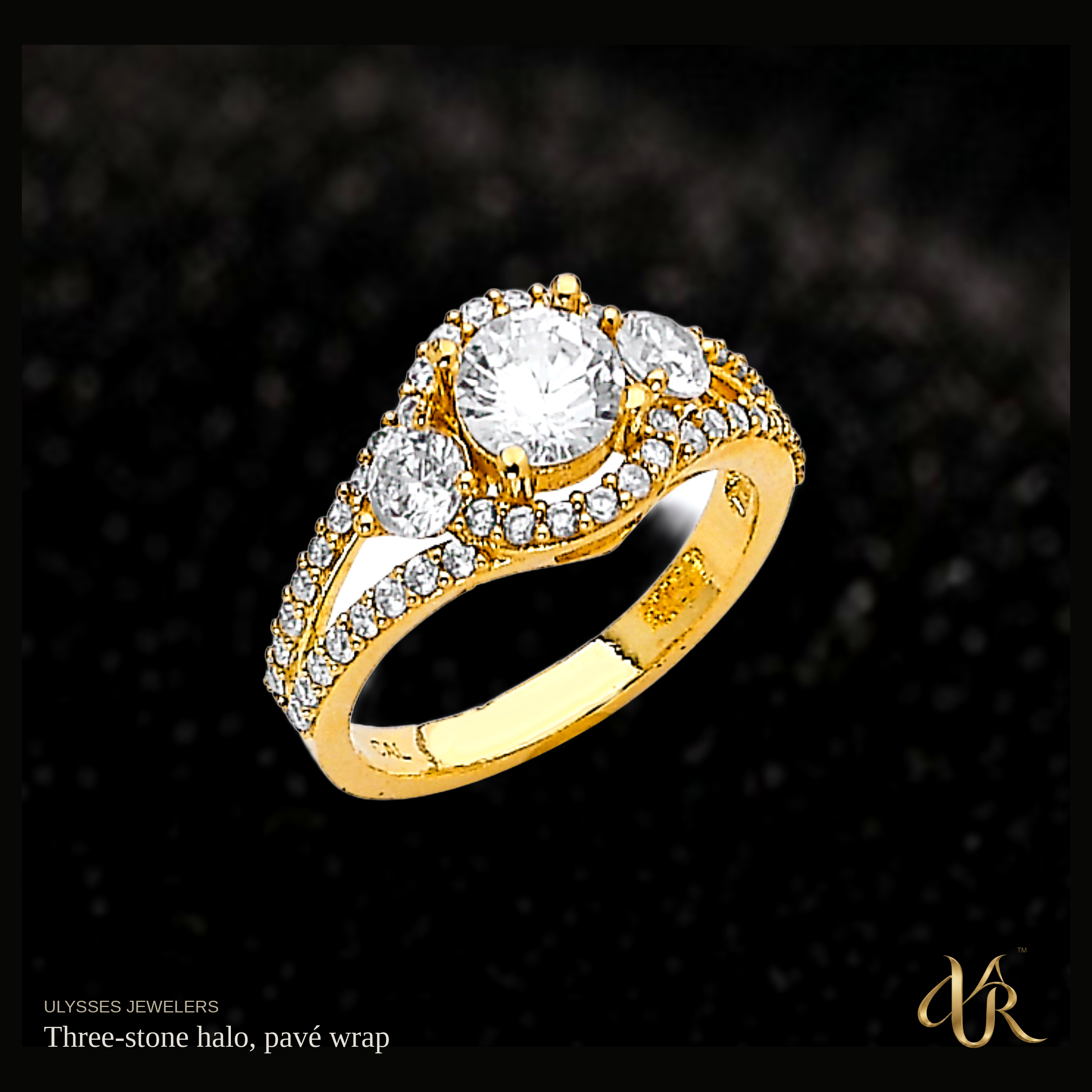 Three-stone halo, pavé wrap