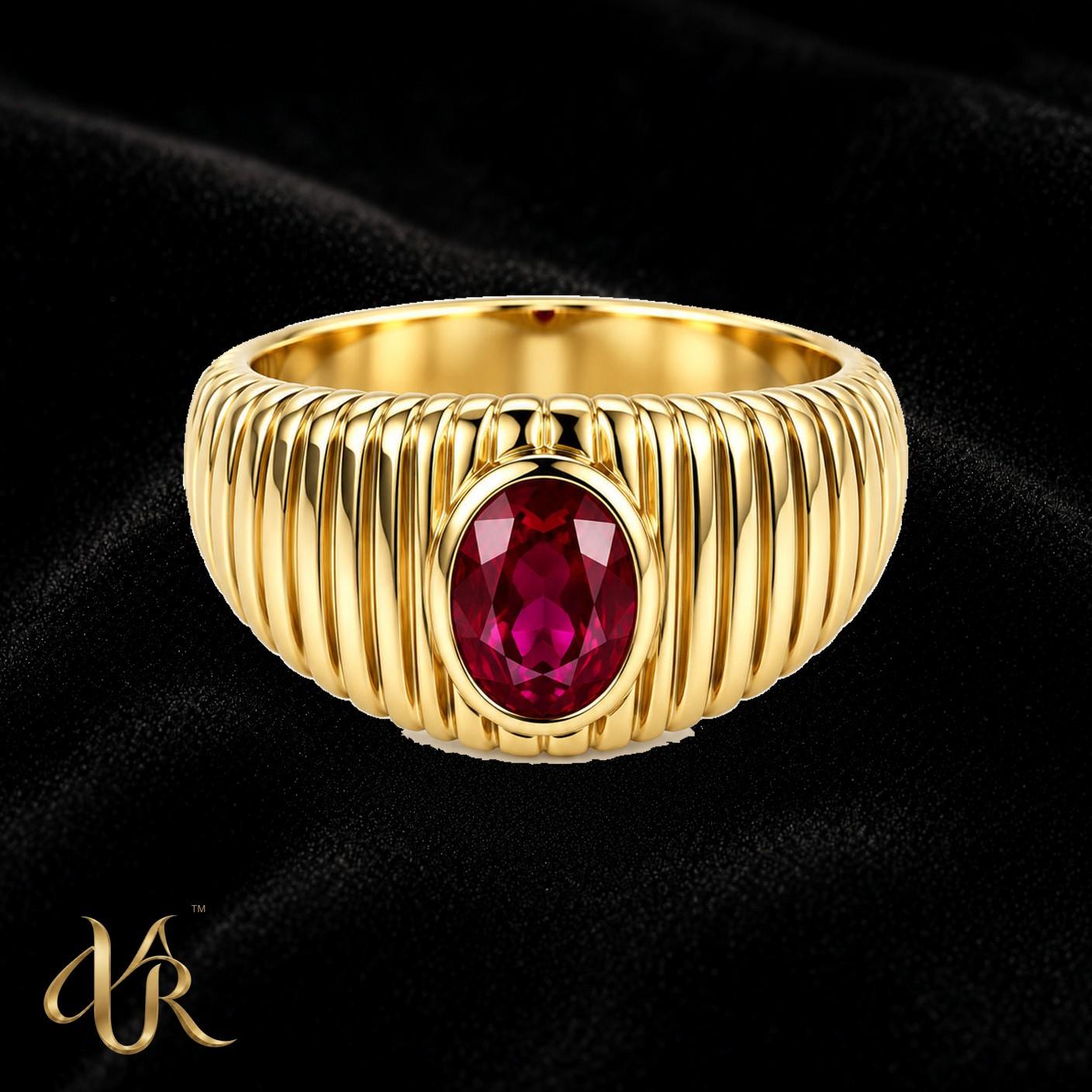 14K Ribbed, colored center — Women'S Gold Ring